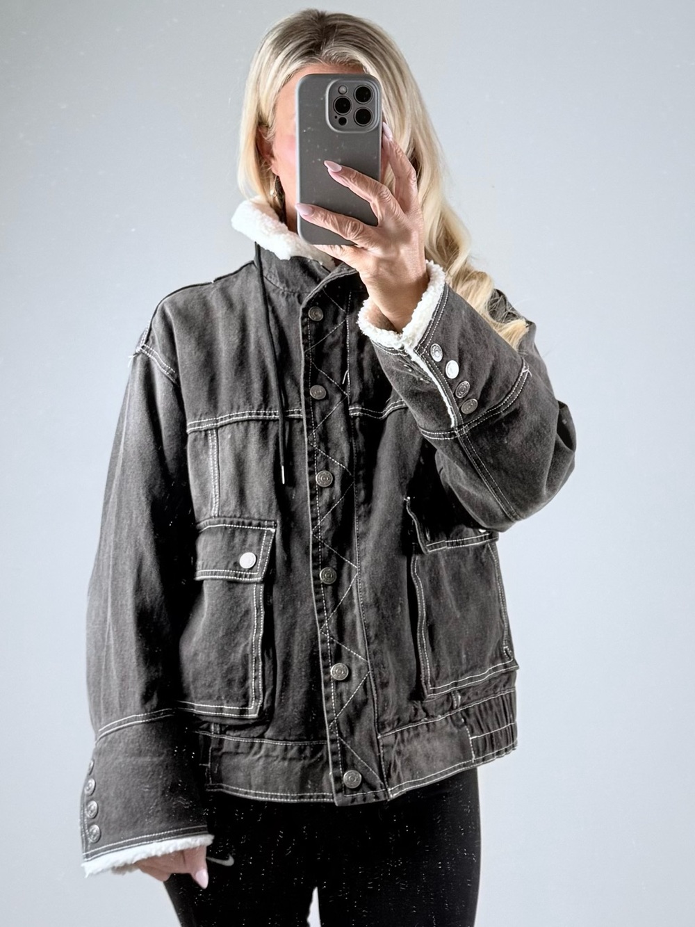 We The Free Black distressed oversized Denim Jean Jacket with White Sherpa trim